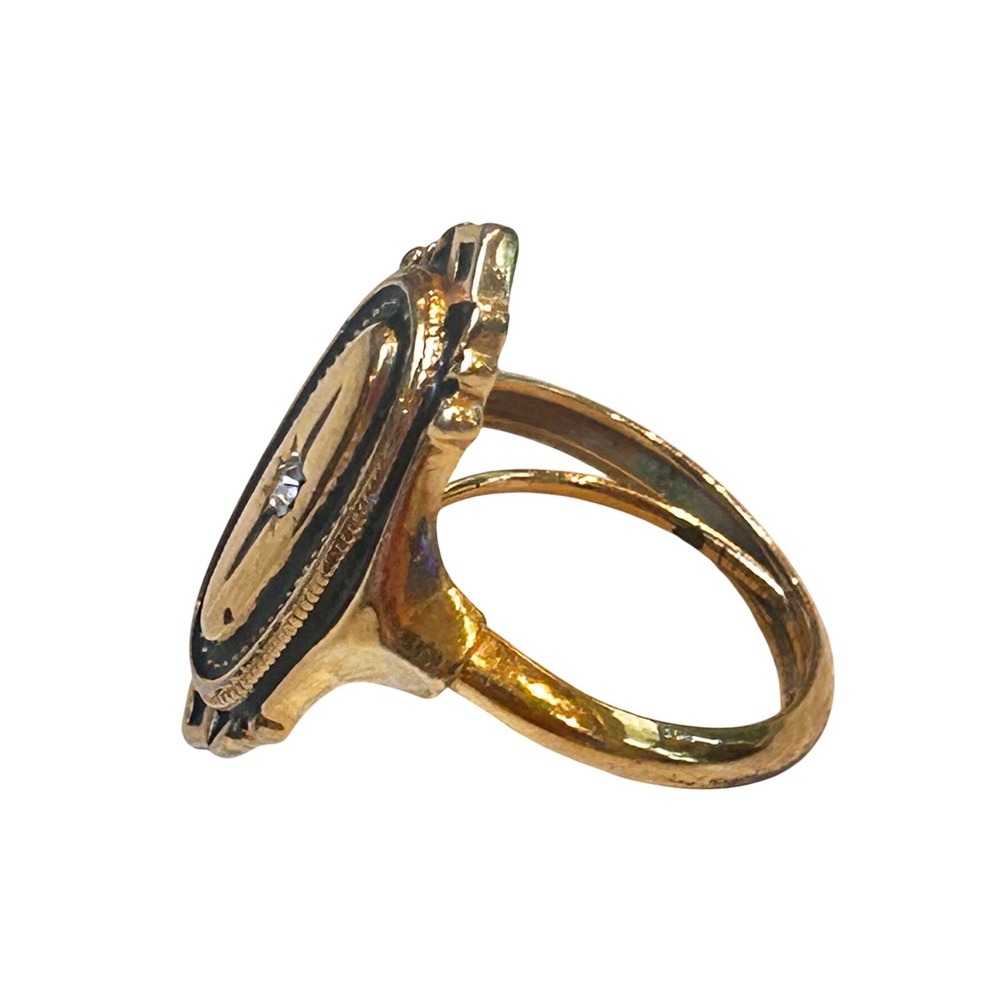 Vintage Avon Gold Tone Black Enamel Rhinestone Oval Shield Statement Ring SZ 6.5 - Picture 3 of 8